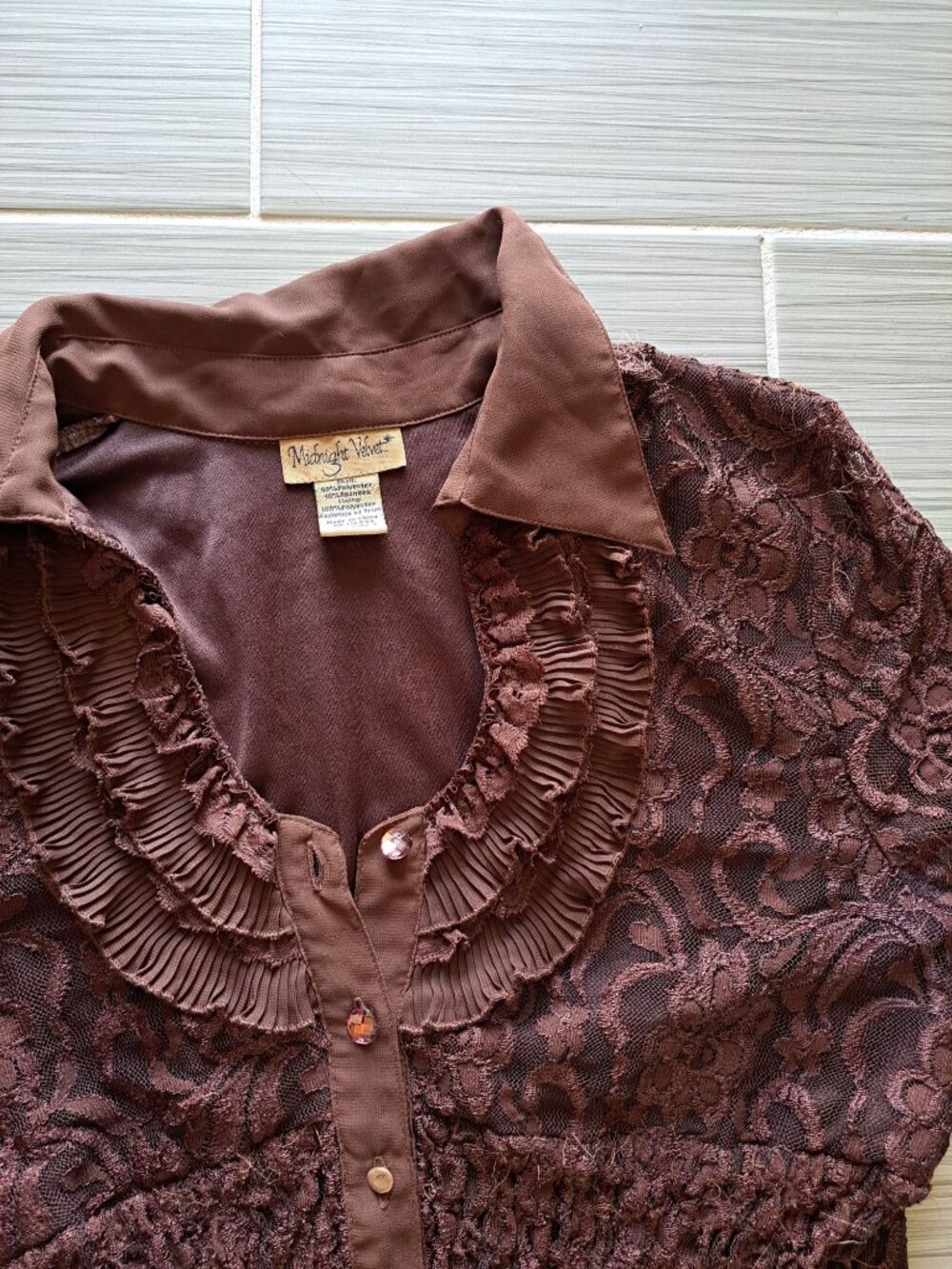 Y2K 90'S Renaissance Womens Brown Lace Blouse Top Ruffle V-neck Festival Gypsy M - Picture 4 of 7